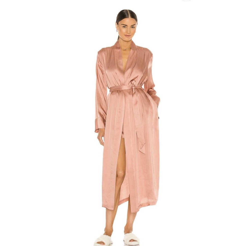 Weekend Stories Long Robe Praline Tan Satin Kimono